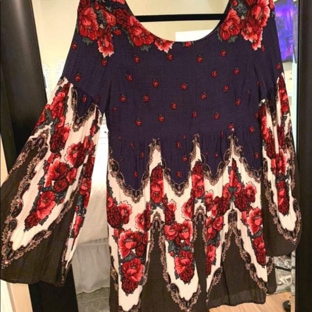 Free People Floral Motif Bell Sleeve Mini Dress